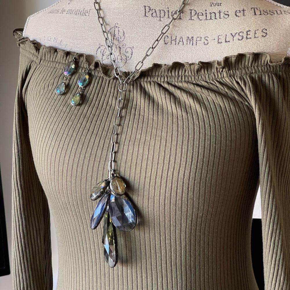 Sublime Artisan Hand Soldered Crystal Adjustable Length Y Necklace Earrings Set
